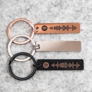 May include: Three metal keyrings in copper, silver, and black. Each keyring has a rectangular tag. The copper and black tags feature a Spotify code and logo. The silver tag is blank. All have a metal ring.