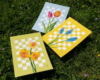 Set of 3 cheerful spring flower prints (A5) | digital clip art