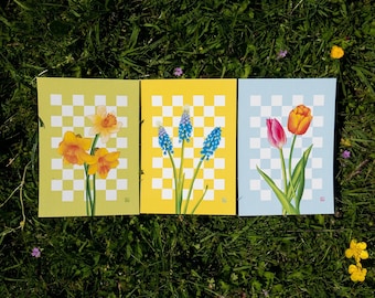 Set of 3 cheerful spring flowers illustrations (A6) | greeting cards with envelope