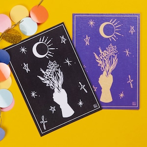 Set di 2 stampe a blocchi fiori magici (A6) | biglietti d'auguri con busta