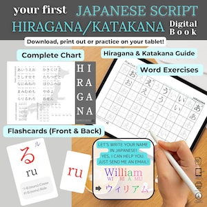 May include: A colorful chart with the Japanese alphabet, Hiragana and Katakana, with a practice sheet for writing the characters. The practice sheet has a grid with the characters "o", "e", "u", and "i" written in the boxes. There are also flashcards with the character "ru" written in both Hiragana and Katakana.