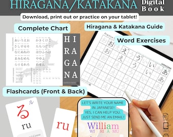 May include: A colorful chart with the Japanese alphabet, Hiragana and Katakana, with a practice sheet for writing the characters. The practice sheet has a grid with the characters "o", "e", "u", and "i" written in the boxes. There are also flashcards with the character "ru" written in both Hiragana and Katakana.