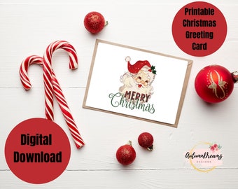 Printable Christmas Greeting Card, Digital Download Christmas Card, Old Fashioned Santa Greeting Card,Buffalo Red Plaid Theme Christmas Card