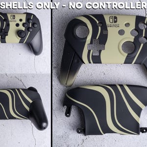 Op de afbeelding: Vervangende behuizingen voor een Nintendo Switch Pro-controller. De behuizingen zijn zwart met een beige, golvend patroon. De tekst "SHELLS ONLY - NO CONTROLLER" is zichtbaar bovenaan de afbeelding. De behuizingen omvatten de voor-, achter- en zijstukken.