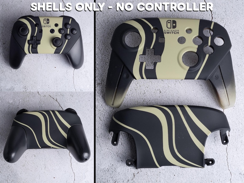 Op de afbeelding: Vervangende behuizingen voor een Nintendo Switch Pro-controller. De behuizingen zijn zwart met een beige, golvend patroon. De tekst "SHELLS ONLY - NO CONTROLLER" is zichtbaar bovenaan de afbeelding. De behuizingen omvatten de voor-, achter- en zijstukken.