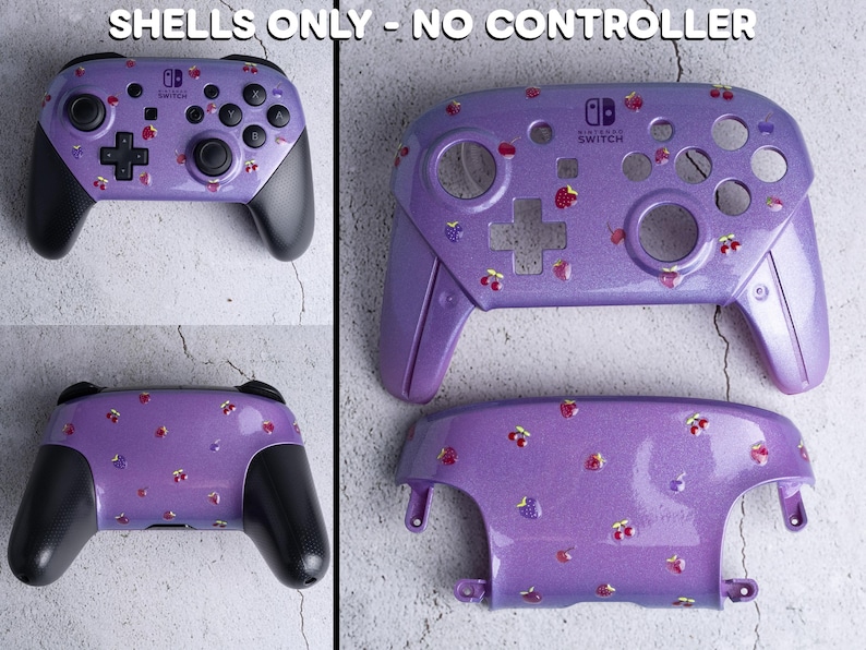 Op de afbeelding: Paarse Nintendo Switch Pro controller shell met een glitterafwerking en een patroon van kleine rode en gele bloemen. De controller heeft zwarte handgrepen en knoppen. De tekst "SHELLS ONLY - NO CONTROLLER" staat bovenaan.