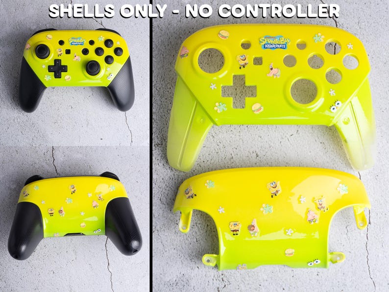 Op de afbeelding: Gele en groene controller shells met een SpongeBob SquarePants thema. De shells hebben karakterstickers en de tekst "SHELLS ONLY - NO CONTROLLER". De controller heeft zwarte handvatten en knoppen.