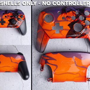 Op de afbeelding: Aangepaste controller-schelpen met een abstract ontwerp in oranje en paars. De schelpen zijn voor een gamecontroller, met zwarte handgrepen en knoppen. De afbeelding toont de voor-, achter- en bovenkant van de schelpen. De tekst op de afbeelding luidt "SHELLS ONLY - NO CONTROLLER."