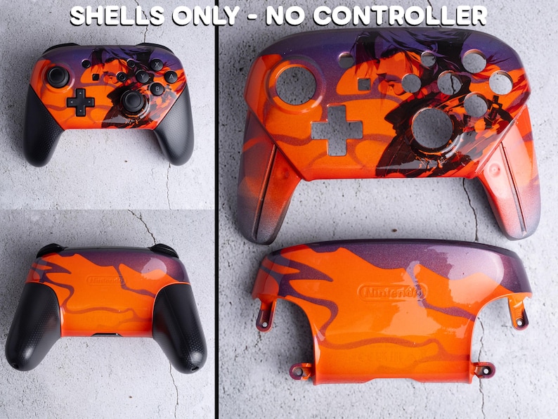 Op de afbeelding: Aangepaste controller-schelpen met een abstract ontwerp in oranje en paars. De schelpen zijn voor een gamecontroller, met zwarte handgrepen en knoppen. De afbeelding toont de voor-, achter- en bovenkant van de schelpen. De tekst op de afbeelding luidt "SHELLS ONLY - NO CONTROLLER."