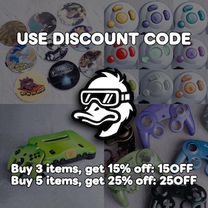May include: An assortment of gaming-themed items, including controllers, consoles, and circular designs with character art. The image features the text "USE DISCOUNT CODE" and promotional offers for multiple item purchases.