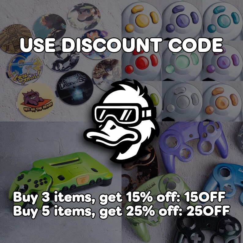 May include: An assortment of gaming-themed items, including controllers, consoles, and circular designs with character art. The image features the text "USE DISCOUNT CODE" and promotional offers for multiple item purchases.