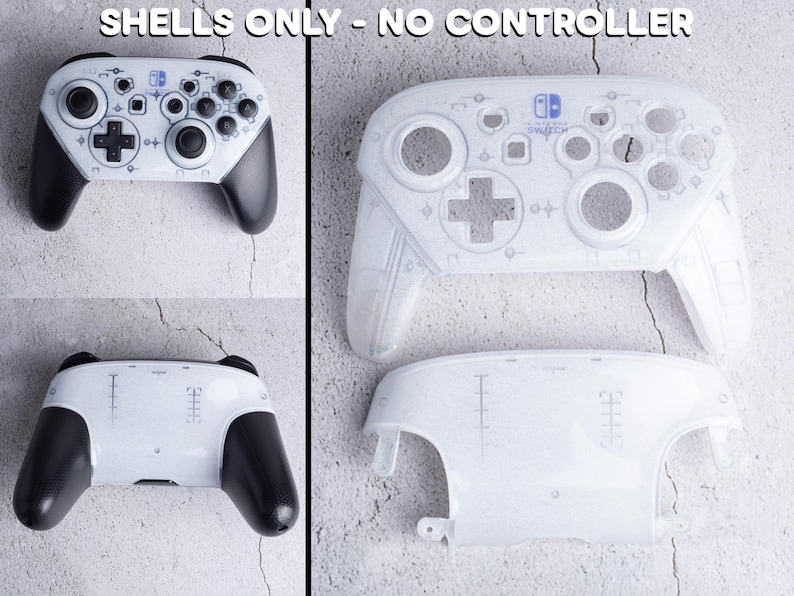 Op de afbeelding: Witte vervangende behuizingen voor een gamecontroller, met zwarte handgrepen en knoppen. De behuizingen hebben een transparant ontwerp, met de tekst "SHELLS ONLY - NO CONTROLLER" bovenaan. De knoppen en het D-pad zijn zichtbaar.