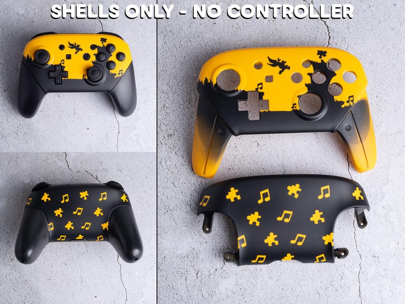 Op de afbeelding: Gele en zwarte controller-schelpen met decoratieve ontwerpen. De schelpen hebben een gele bovenkant met zwarte accenten en een zwarte basis. De ontwerpen omvatten muzieknoten, puzzelstukjes en silhouetten. De tekst "SHELLS ONLY - NO CONTROLLER" staat bovenaan.