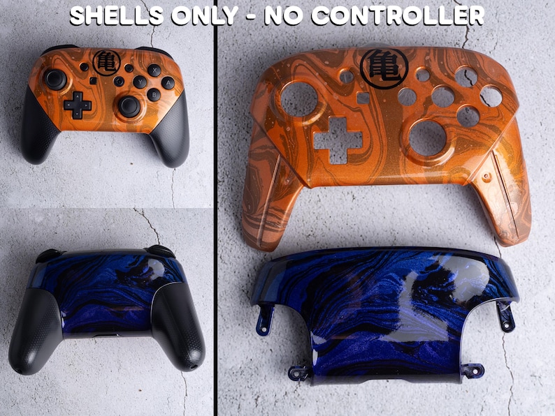 Op de afbeelding: Gamecontroller-schelpen in twee ontwerpen: &eacute;&eacute;n in oranje en bruin met een wervelpatroon, en een andere in blauw en zwart met een vergelijkbare wervel. De tekst "SHELLS ONLY - NO CONTROLLER" staat bovenaan. De oranje schaal heeft een symbool.