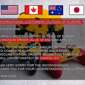 May include: A yellow and red Nintendo controller with black accents, featuring a Mickey Mouse design. The image includes flags of the United States, Canada, Australia, and Japan, along with text about international orders.
