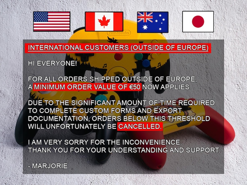 May include: A yellow and red Nintendo controller with black accents, featuring a Mickey Mouse design. The image includes flags of the United States, Canada, Australia, and Japan, along with text about international orders.