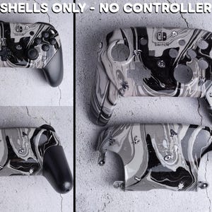 Op de afbeelding: Vervangende behuizingen voor een Nintendo Switch Pro controller. De behuizingen hebben een zwart, wit en grijs gemarmerd ontwerp. De tekst "SHELLS ONLY - NO CONTROLLER" staat bovenaan de afbeelding. De behuizingen worden in meerdere weergaven getoond.