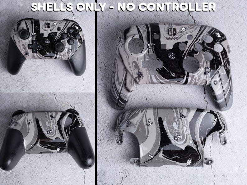 Op de afbeelding: Vervangende behuizingen voor een Nintendo Switch Pro controller. De behuizingen hebben een zwart, wit en grijs gemarmerd ontwerp. De tekst "SHELLS ONLY - NO CONTROLLER" staat bovenaan de afbeelding. De behuizingen worden in meerdere weergaven getoond.