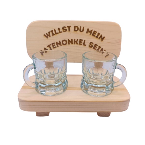 einmalige Handgefertigte Schnapsbank / Flaschenöffner Patenonkel mit 2 Gläsern Patenonkel, ideal als Geschenk