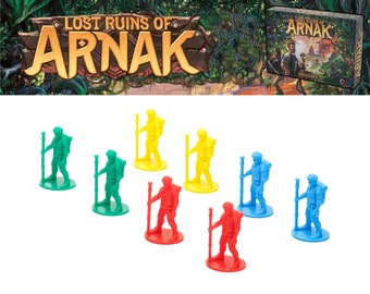May include: Seven plastic explorer figurines in different colors: red, yellow, green, blue. Each figurine is holding a staff and wearing a backpack. The figurines are on a white background.