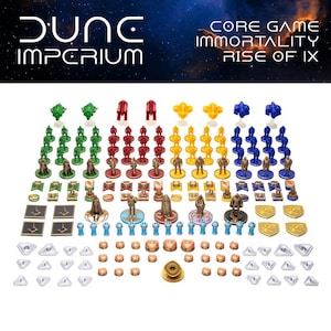 May include: A collection of game pieces from Dune: Imperium, including green, red, yellow, and blue figures, along with various tokens and game boards. The text "Dune Imperium" and "Core Game Immortality Rise of IX" are visible.