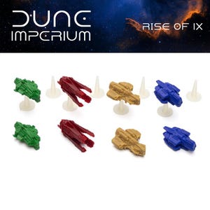 May include: A collection of miniature spaceship game pieces in green, red, tan, and blue, each mounted on a white stand. The game pieces are arranged in two rows. The text "Dune Imperium" and "Rise of IX" are displayed at the top.