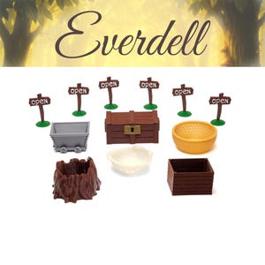 Everdell - holders for resources set amber, pebbles, wood, berries, pearls containers and open signs 3d printed | Unofficial set