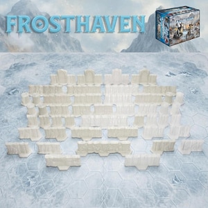 May include: A board game titled "Frosthaven" with a box in the upper right corner. The game includes white, fortress-like terrain pieces arranged on a hexagonal grid. The background features a snowy mountain scene.