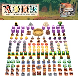 May include: A board game titled "ROOT" with various game pieces. The game pieces include purple cylinders, brown structures, and other colorful tokens. The game box is visible in the background, displaying the game's title and artwork.