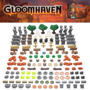 May include: A selection of miniature game pieces for the board game Gloomhaven. The pieces include trees, stone walls, barrels, rocks, and other terrain elements. The game box is visible in the background, with the game title prominently displayed.