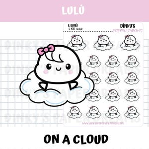 May include: A sheet of stickers featuring a cartoon cloud character with a pink bow. The stickers are white with black outlines and the text "ON A CLOUD". The brand name "LULU" is at the top.