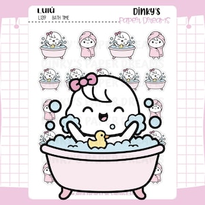 May include: A sticker sheet titled LUIU L139 BATH TIME by DINKY'S PAPER DREAMS featuring cartoon illustrations of a character in a pink bathtub with blue bubbles and a yellow rubber duck, along with smaller stickers of the character wrapped in a towel.