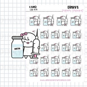 May include: A sticker sheet titled LUIU L130 RETA by Dinky's Paper Dreams featuring multiple die-cut stickers of a cartoon character with a pink bow standing next to a light blue medicine vial labeled RETA and a syringe with a pink plunger.