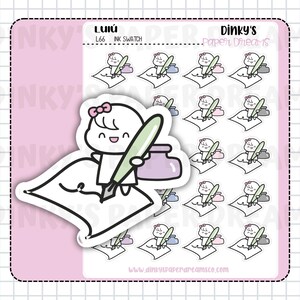 May include: A sheet of stickers featuring a cartoon character with a pen and inkwell. The character is writing on a paper. The stickers are on a pink background with the text "Dinky's Paper Dreams" and "L66 Ink Swatch".