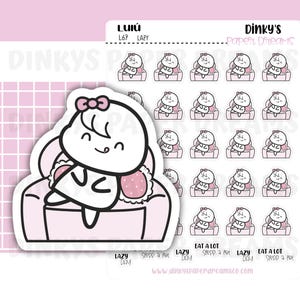 May include: A sheet of stickers featuring a cartoon character relaxing on a pink couch. The character has a bow and is smiling. The sheet also includes the text "LAZY DAY" and "EAT A LOT".