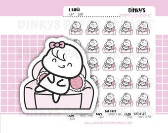 May include: A sheet of stickers featuring a cartoon character relaxing on a pink couch. The character has a bow and is smiling. The sheet also includes the text "LAZY DAY" and "EAT A LOT".