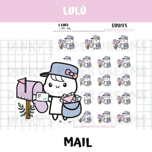 May include: Sheet of stickers featuring a cartoon character dressed as a mail carrier, with a mailbox and a bag of letters. The stickers are in shades of blue, pink, and white. The word "MAIL" is at the bottom.