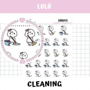 May include: A sheet of stickers featuring a cartoon character cleaning. The stickers are in a grid pattern and feature the character holding a broom, a bucket, and a mop. The text "Dinky's Paper Dreams" and "Cleaning" are also included on the sheet.