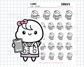 May include: A sheet of planner stickers featuring a cartoon doctor character with a pink bow, holding a clipboard. The stickers are labeled "DR. APPT" and are designed by Dinky's Paper Dreams.