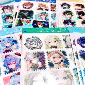 Premade/Custom Genshin Stamp Sticker Sheet 4x5 in. |Wanderer, Childe, Nahida, Ganyu, Venti, Zhongli| handmade Matte, Holographic Vinyl