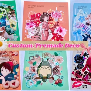 May include: A collection of six colorful decorative art prints featuring anime-style characters, floral elements, and various themed designs. The prints include text such as "CARROT CAKE", "SUMMER SUNSET", and "KEEPSAKES". The phrase "Custom/Premade Deco" is also visible.