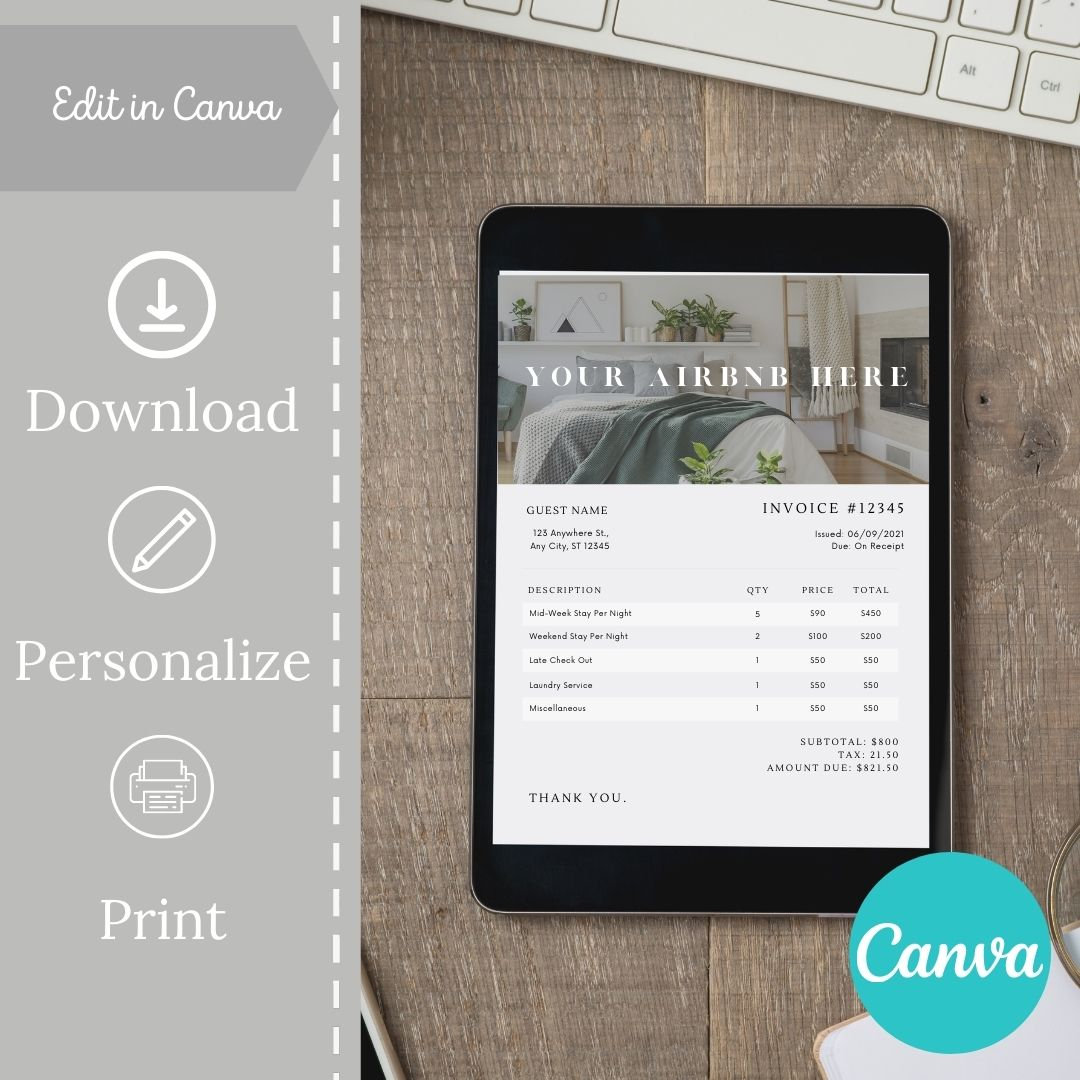 Customizable Airbnb Invoice Template, Informational Printable for VRBO
