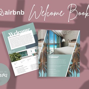 May include: An open Airbnb welcome book with a blue and white cover. The cover features a photo of a beach house with palm trees and the text "Beach House". The inside pages feature photos of the house and information about the property.