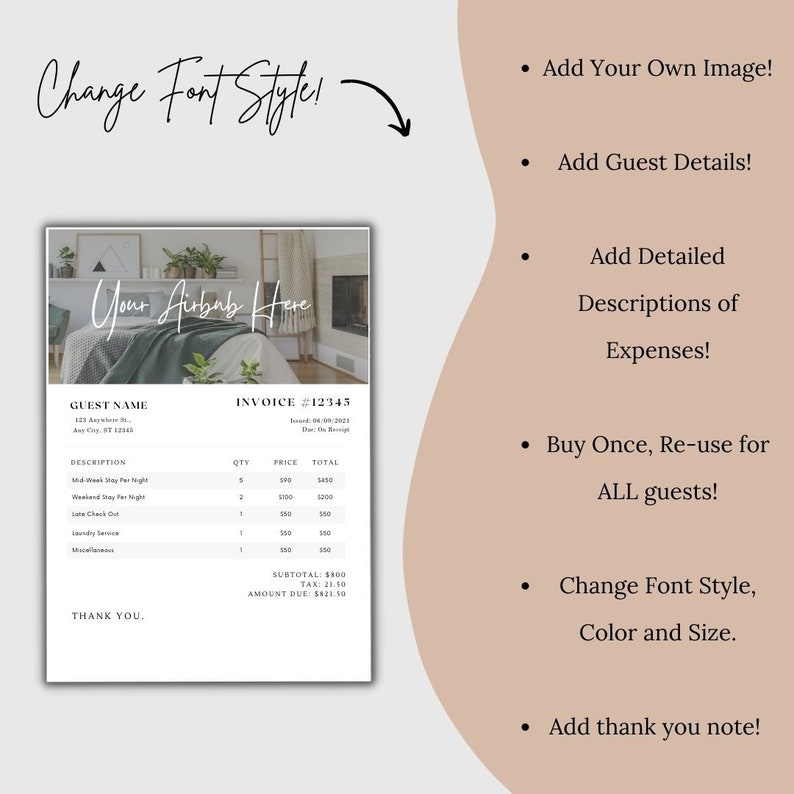 Customizable Airbnb Invoice Template, Informational Printable for VRBO Hosting, STR Guest Info