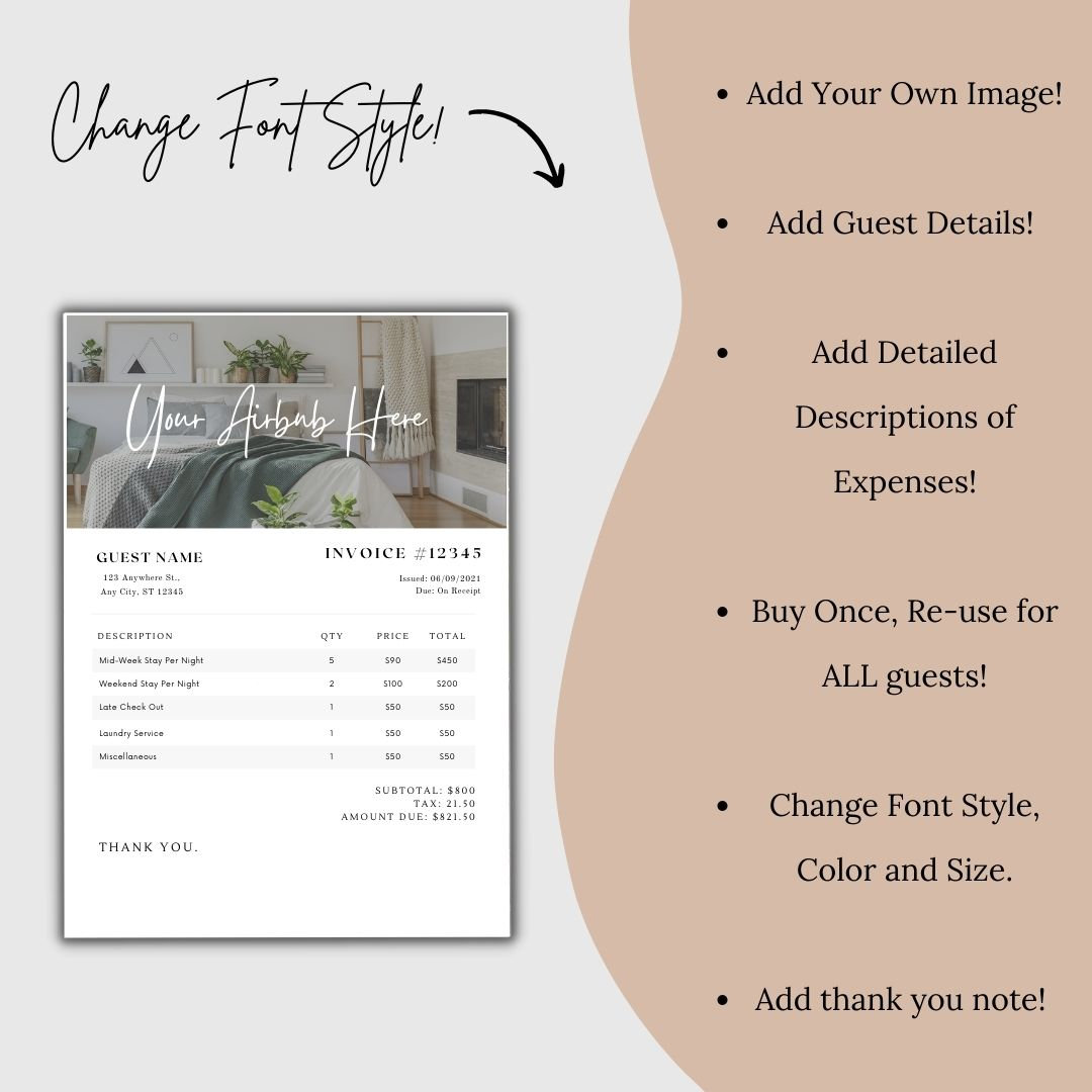 Customizable Airbnb Invoice Template Informational Printable Etsy