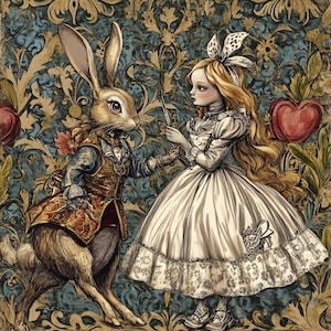 May include: A digital illustration featuring a brown rabbit wearing a gold and red patterned waistcoat standing opposite a person with long blonde hair in a white dress with a lace hem, set against a blue and gold floral wallpaper background.