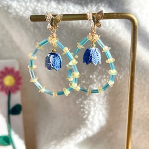 Micro Crochet Blue Lily of the Valley with Beads Earrings Handmade Jewelry Gifts for her Unique Earrings for Girl Handmade Crochet Earrings