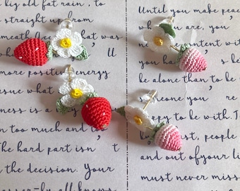 Handmade Micro Crochet Red / Pink Strawberry earrings | Miniature Crocheted Strawberry Flower Earrings | Dainty Earrings | Cute Earrings |