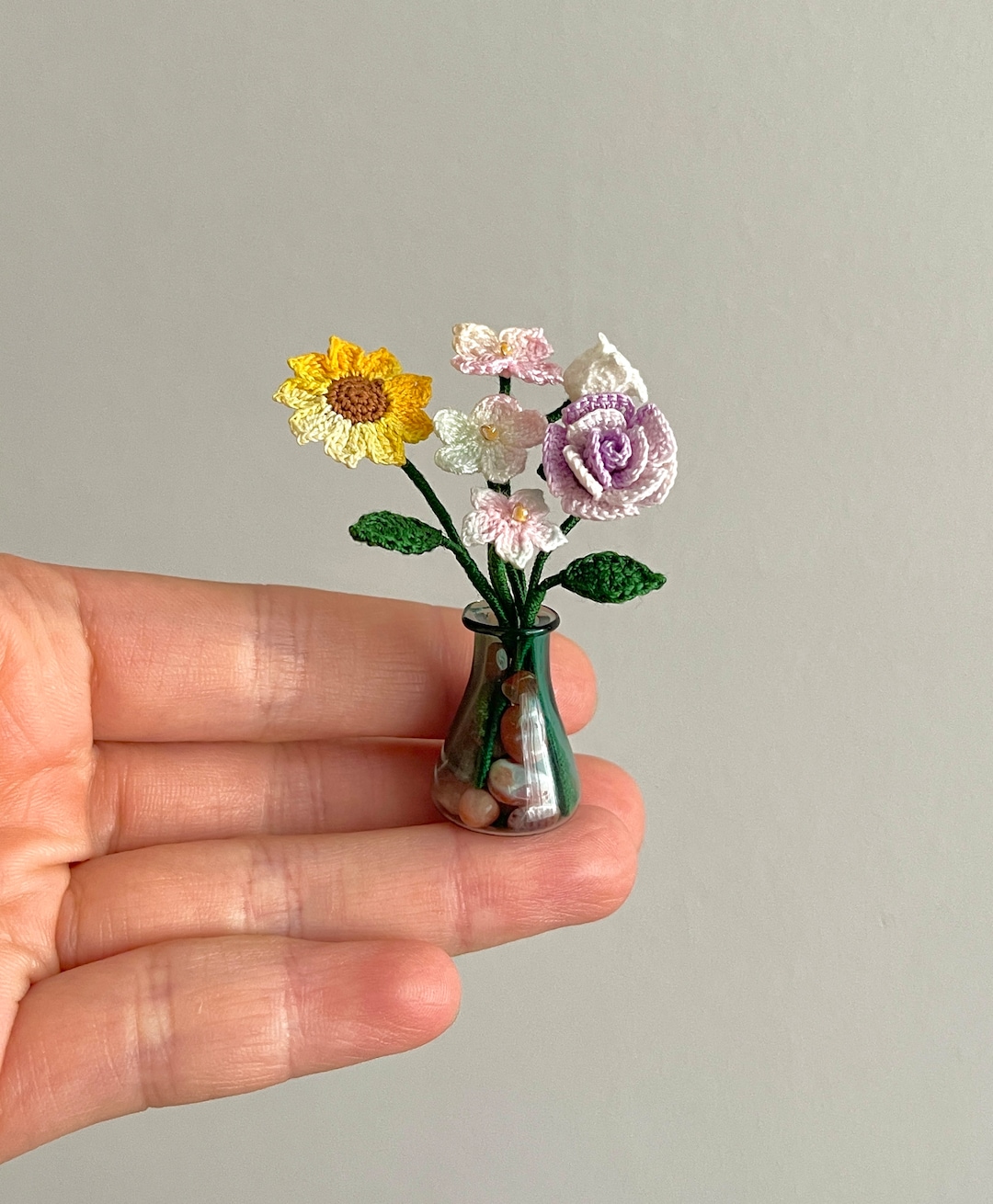 Miniature Crochet Flowers With Mini Vase Dollhouse Decor Flower Fairy