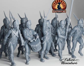 May include: A group of gray miniature infantry figures with caps, spears, and drums. The figures are part of the "Serie 2" collection, with 14 models available at a 28mm scale. The image includes the text "American Revolutionary War" and the Eskice Miniature logo.